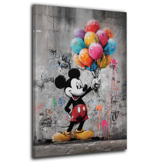 Pop Art Micky mit Luftballons vor Betonwand Wandbild