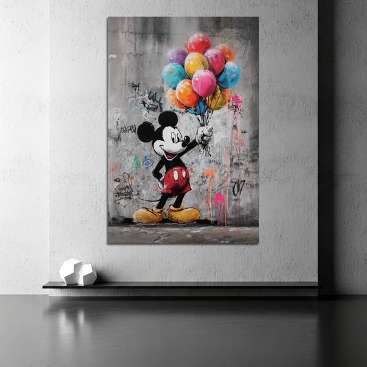 Pop Art Micky mit Luftballons vor Betonwand Wandbild