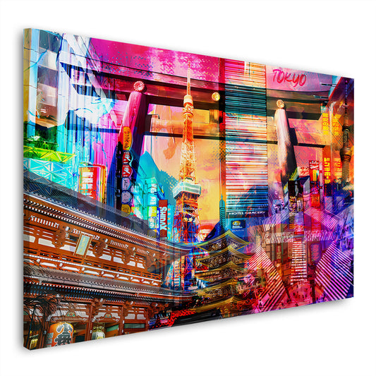 Pop Art Tokyo Skyline Neonlichter Tempel Wandbild
