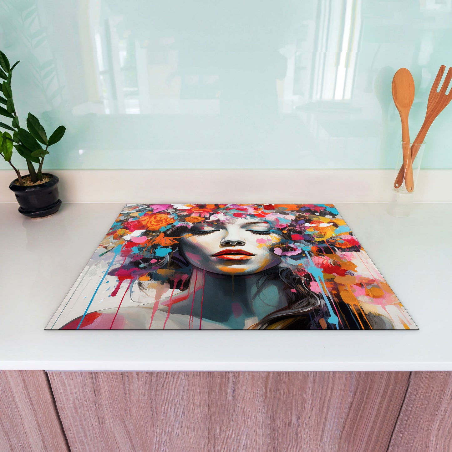 Pop Art wunderschöne Frau Flower Herdabdeckplatte Induktionsschutz für Ceranfeld & Küche Deko