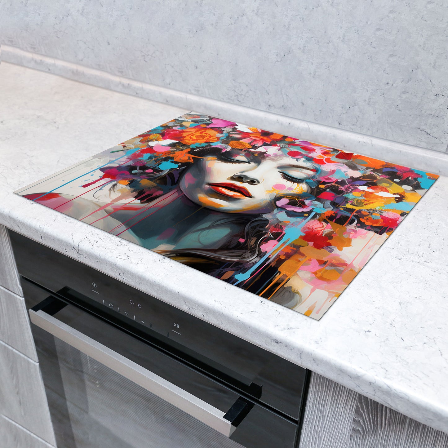 Pop Art wunderschöne Frau Flower Herdabdeckplatte Induktionsschutz für Ceranfeld & Küche Deko