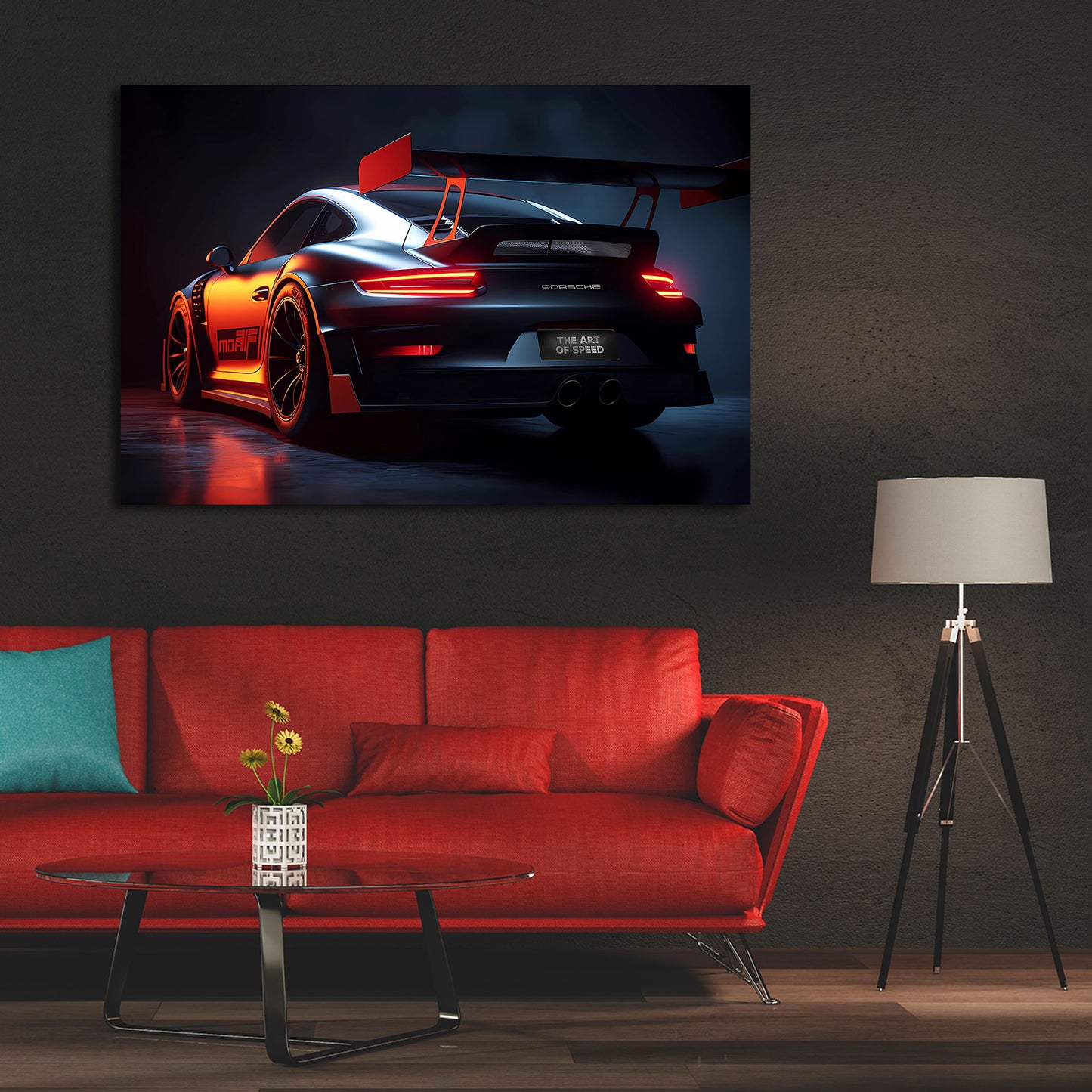 Porsche Sportwagen Heckansicht Nachtlicht Dynamik Wandbild