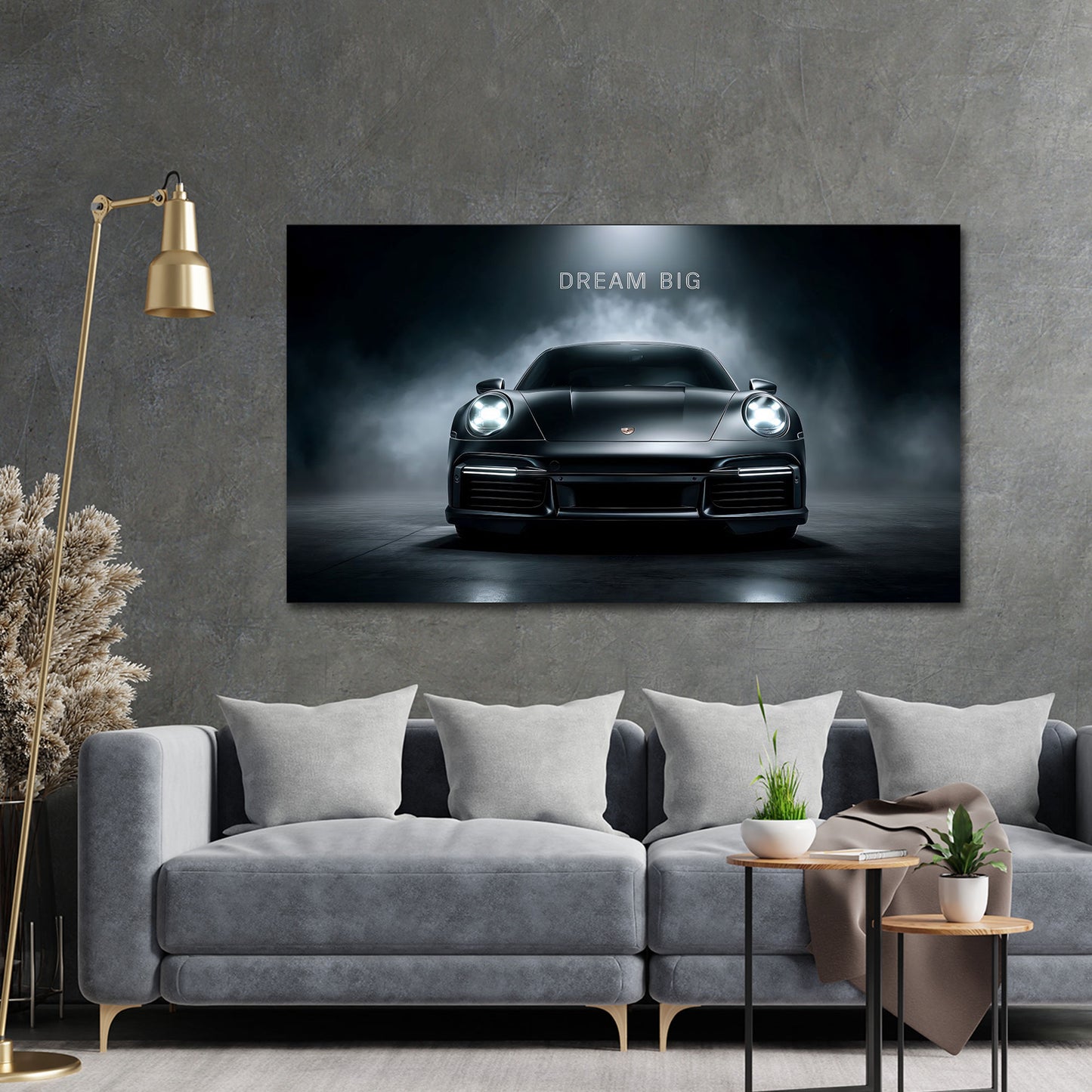 Porsche Sportwagen in Frontansicht Dream Big Motivation Wandbild