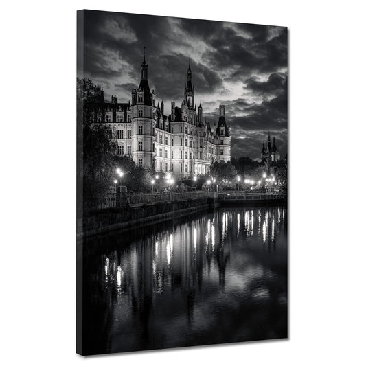 Promenade und Schlossblick Schwerin schwarz weiß Reflexion Wandbild