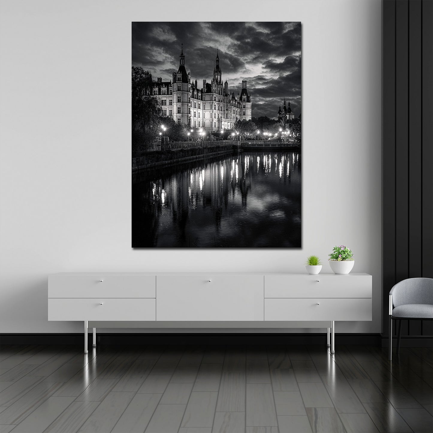 Promenade und Schlossblick Schwerin schwarz weiß Reflexion Wandbild