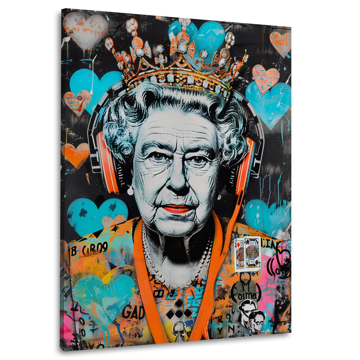 Queen mit Kopfhörern und Krone Graffiti Wandbild im Hochformat