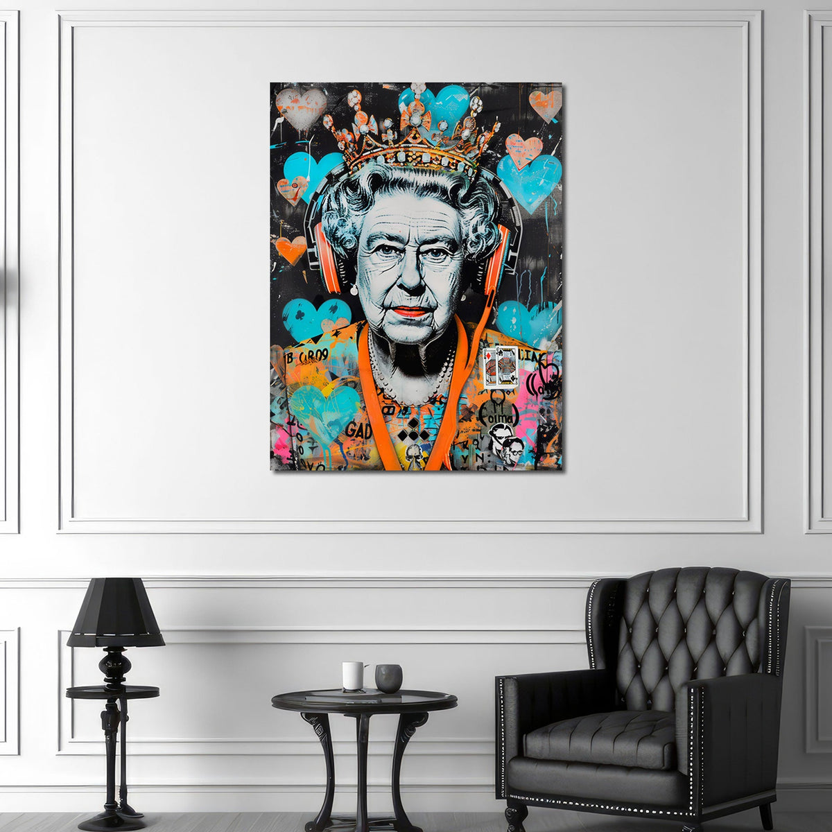 Street Art Porträt Wandbild über einem Sofa im Wohnraum