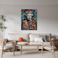 Street Art Porträt Wandbild über einem Sofa im Wohnraum
