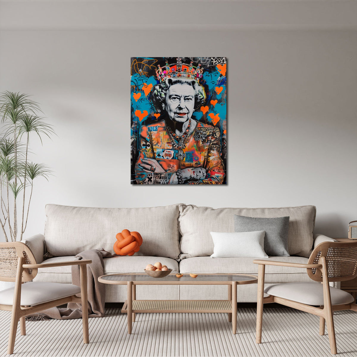 Street Art Porträt Wandbild über einem Sofa im Wohnraum
