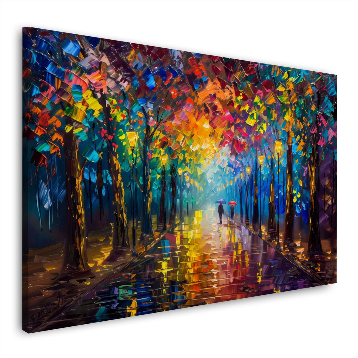 Regennasse Allee in leuchtenden Farben Wandbild im Querformat