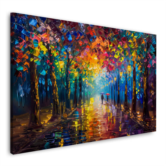 Regennasse Allee in leuchtenden Farben Wandbild im Querformat