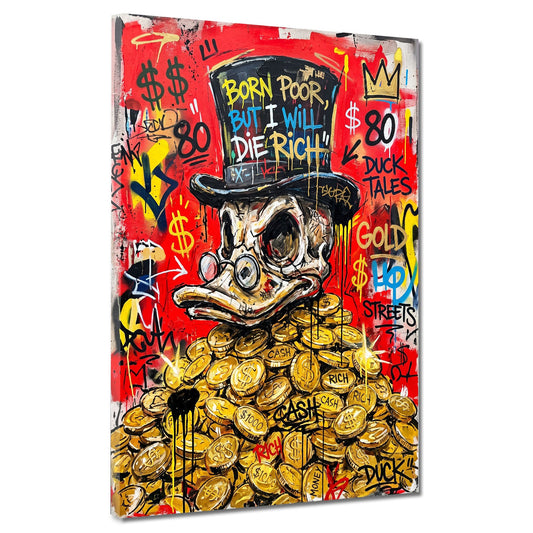 Reiche Comic Ente mit Zylinder auf Goldmünzen Pop Art Wandbild