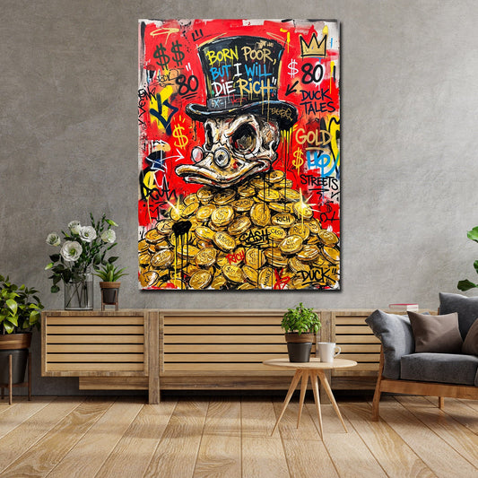 Comic Ente auf Goldmünzen Wandbild im Wohnzimmer