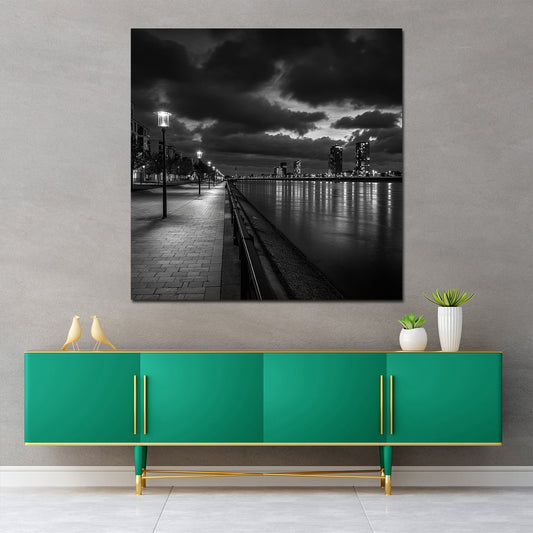 Rheinpromenade Düsseldorf schwarz weiß Abendstimmung Wandbild