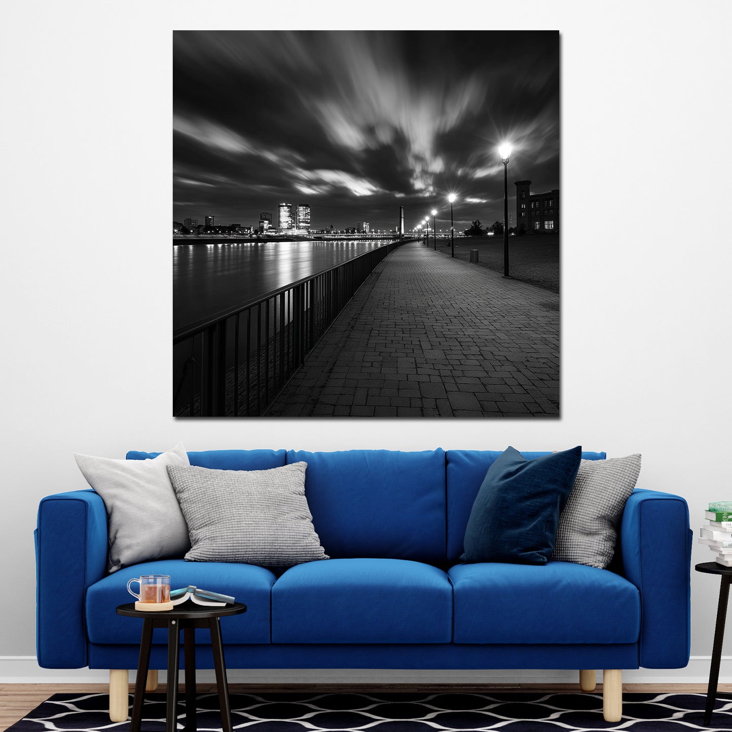 Rheinpromenade Düsseldorf schwarz weiß Skyline Nachtstimmung Wandbild