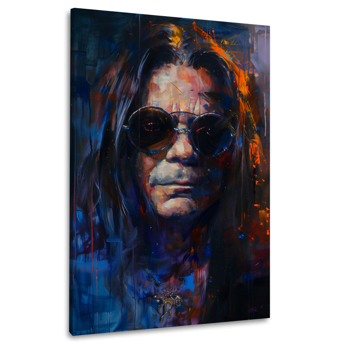 Rocklegende Ozzy mit langen Haaren und Brille Wandbild