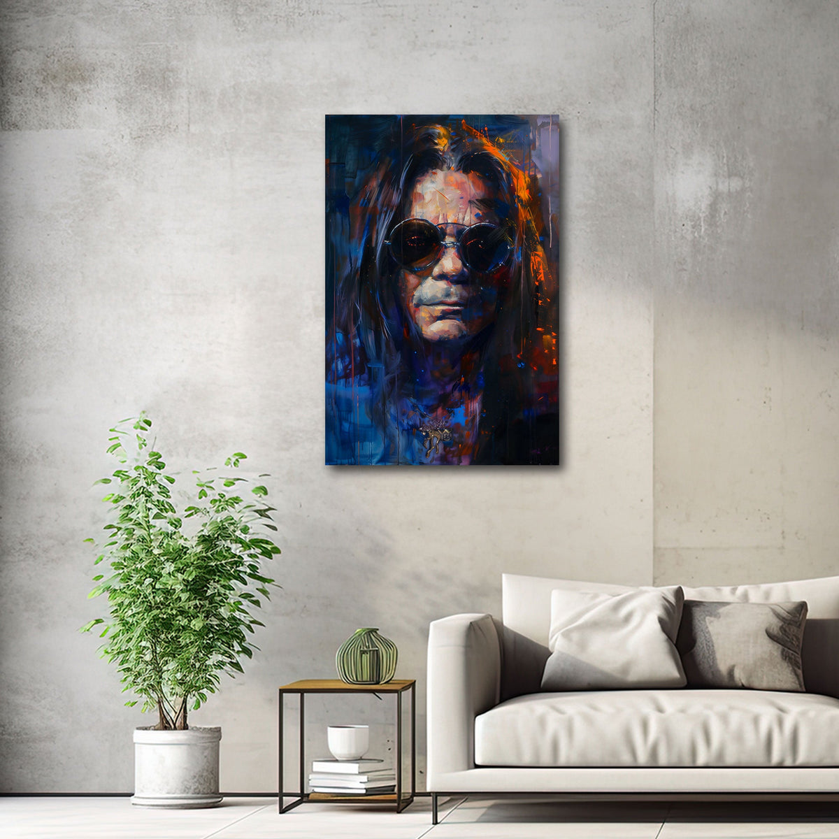 Rocklegende Ozzy mit langen Haaren und Brille Wandbild