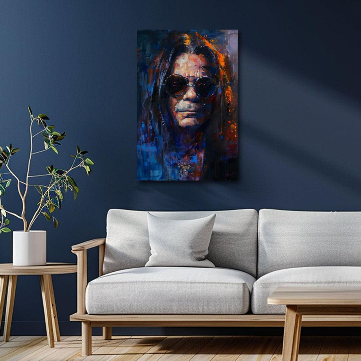 Rocklegende Ozzy mit langen Haaren und Brille Wandbild