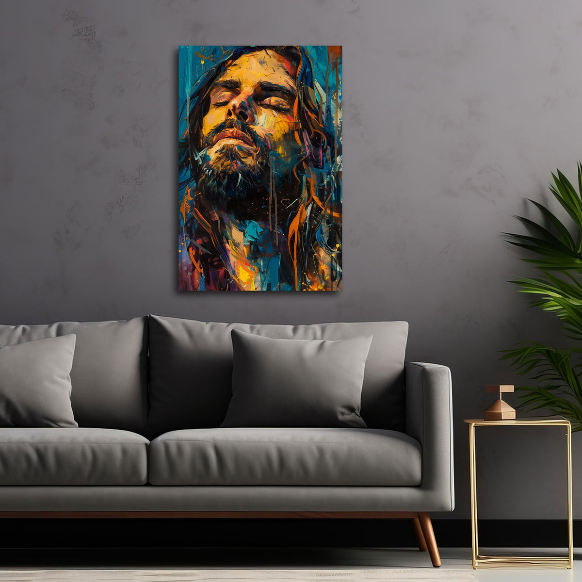 Porträt Wandbild im Hochformat an einer Wohnraumwand
