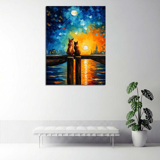 Romantische Katzen Sonnenuntergang Stadtmeer Wandbild