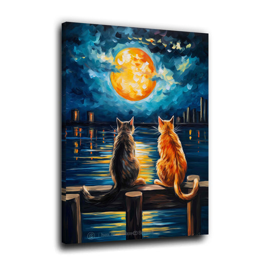 Romantische Katzen Vollmond Nacht See Wandbild