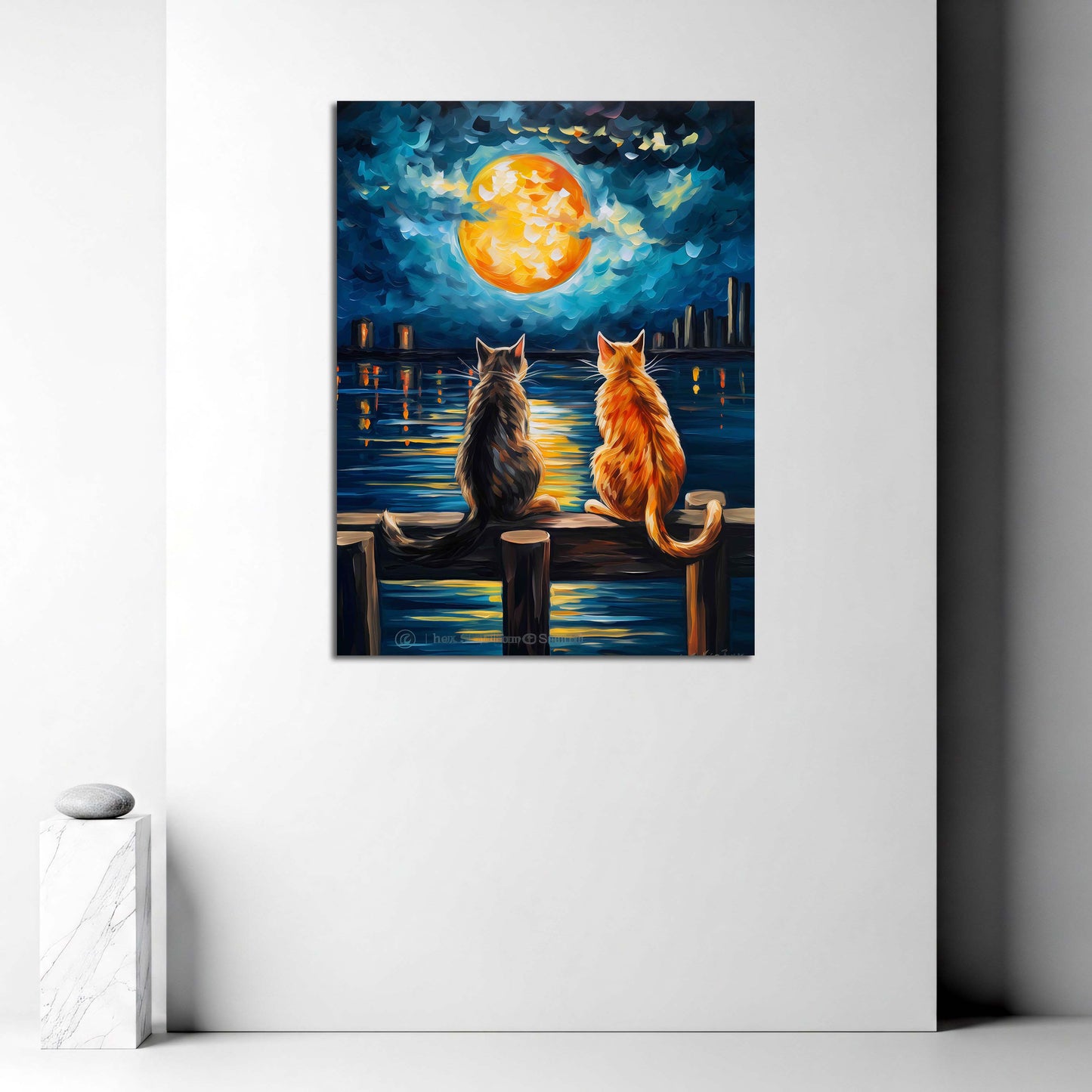 Romantische Katzen Vollmond Nacht See Wandbild