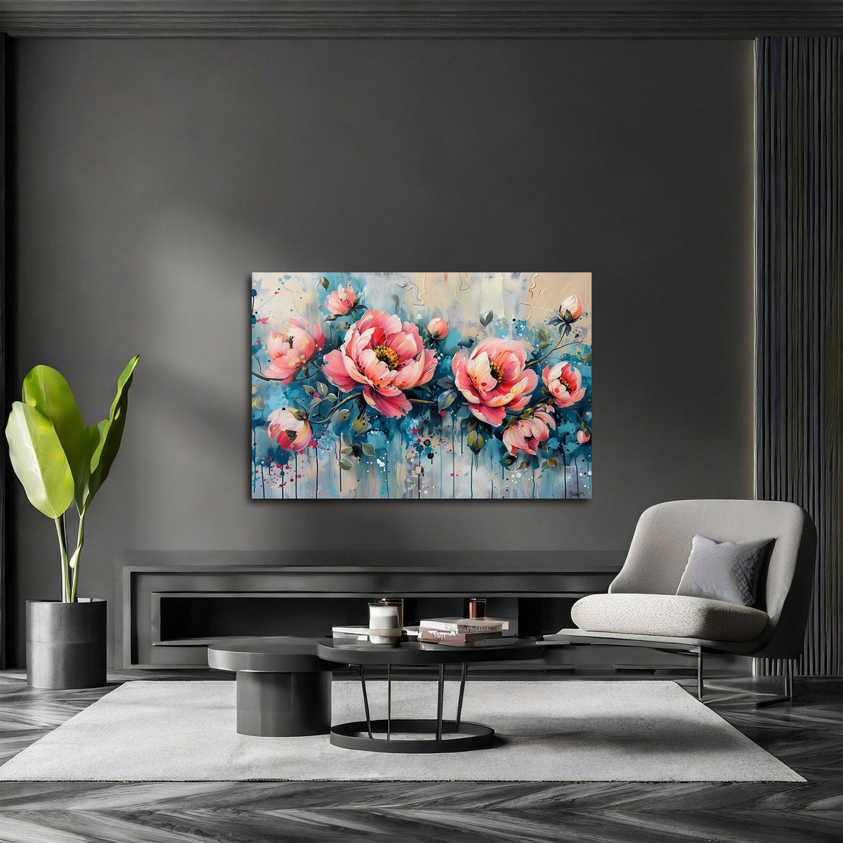 Pfingstrosen Wandbild im Querformat an einer Wohnraumwand