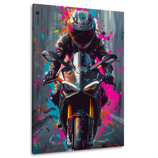 Schwarzes Rennmotorrad frontal mit pinken Farbspritzern Wandbild