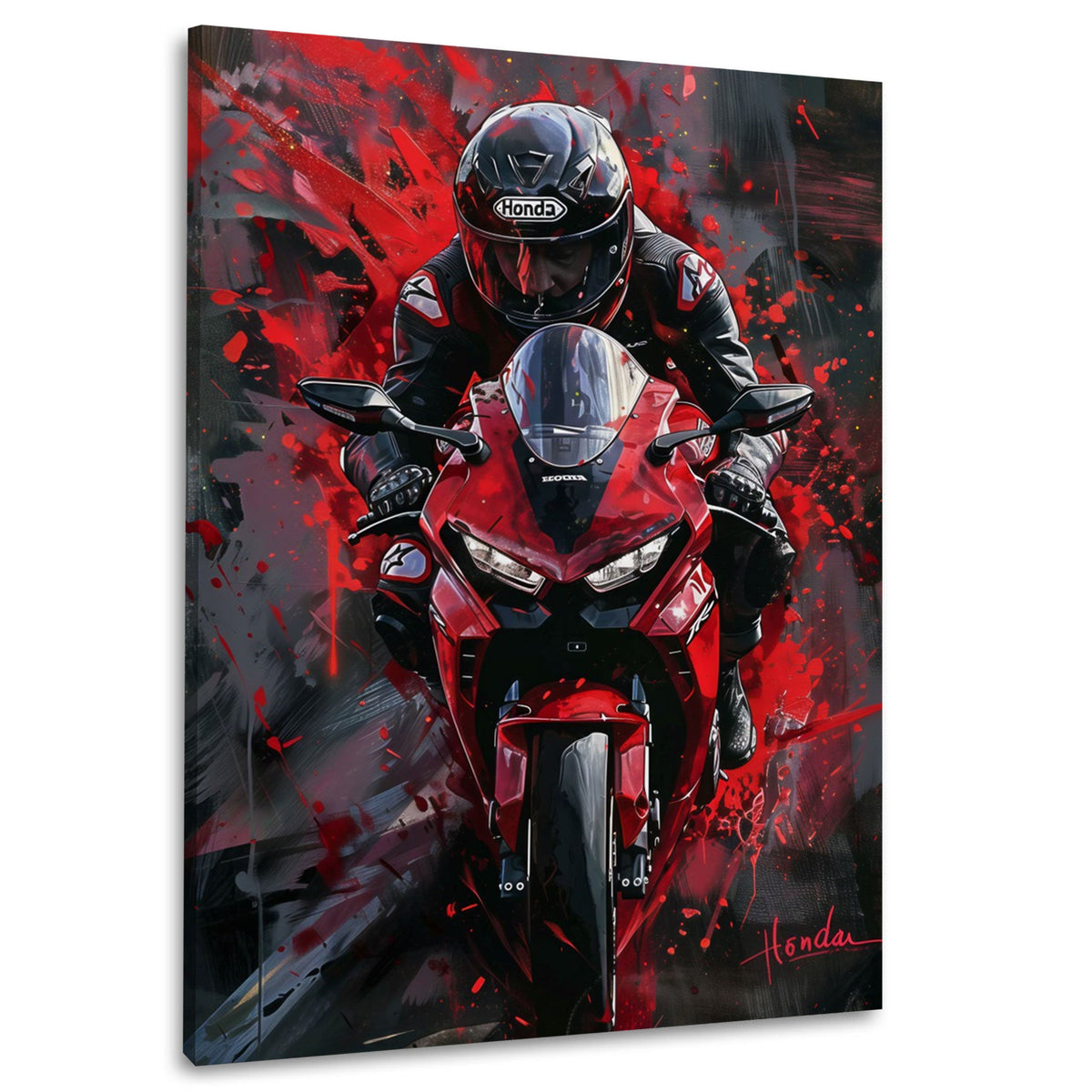 Rotes Rennmotorrad mit Fahrer frontal Street Art Wandbild
