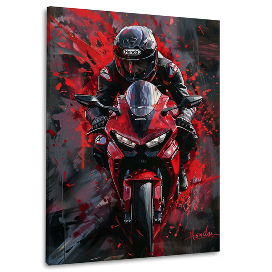 Rotes Rennmotorrad mit Fahrer frontal Street Art Wandbild