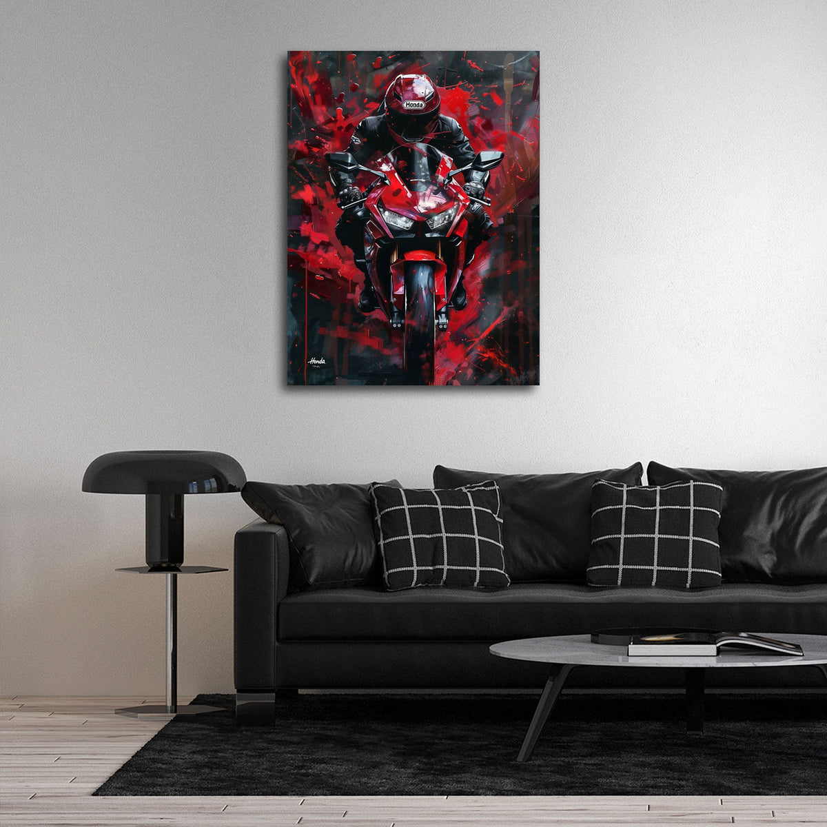 Rotes Rennmotorrad mit Fahrer frontal Street Art Wandbild