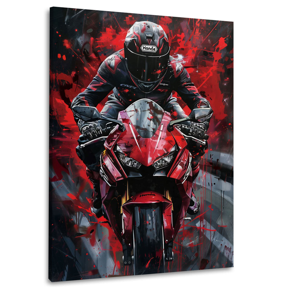 Rotes Motorrad mit Fahrer vor dunklem Hintergrund Wandbild