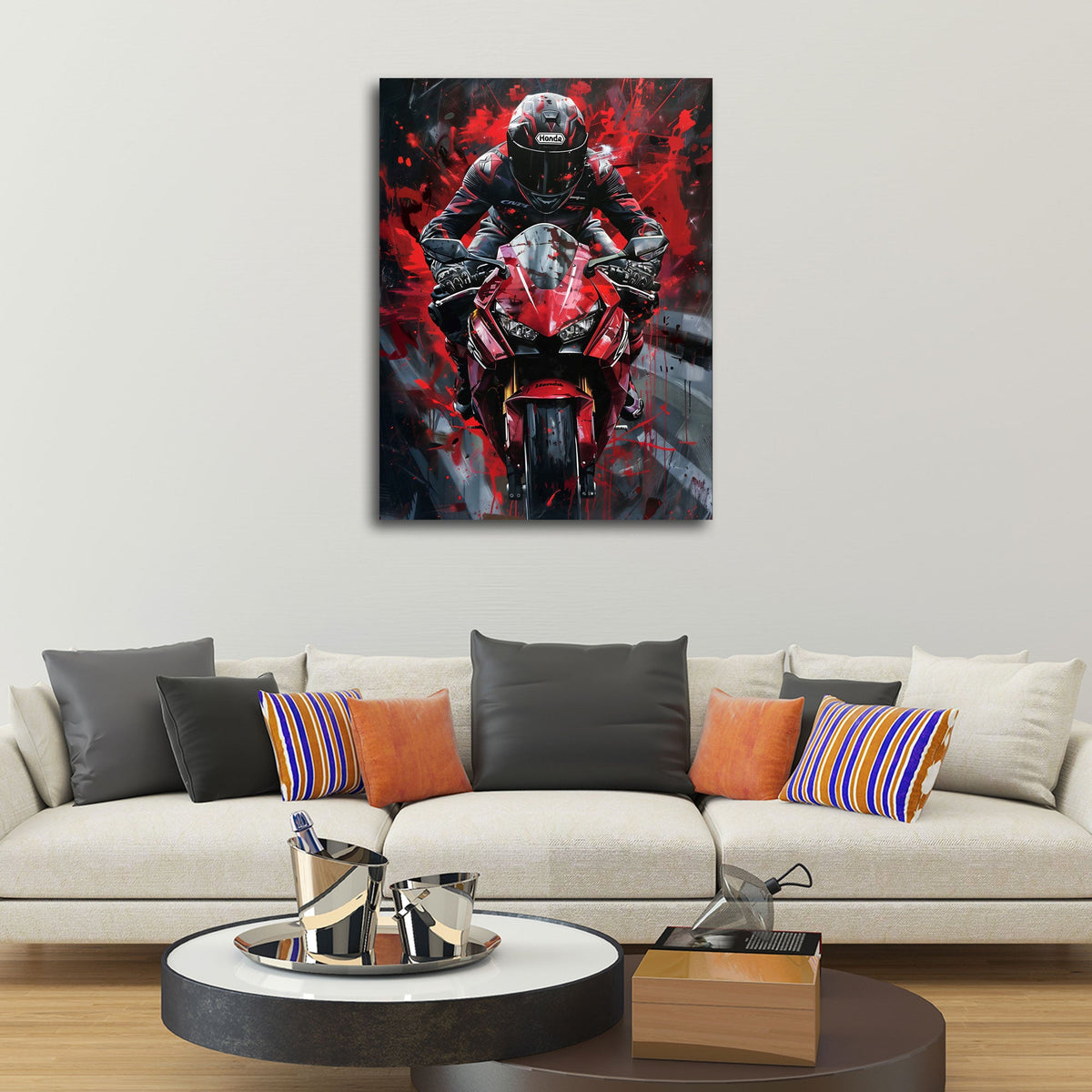 Rotes Motorrad mit Fahrer vor dunklem Hintergrund Wandbild