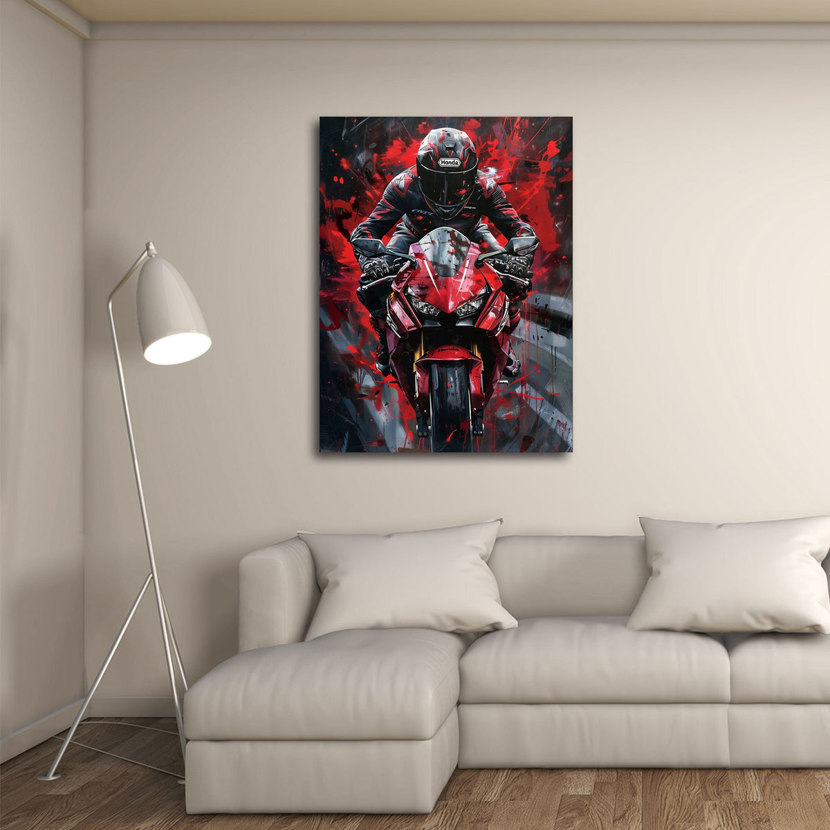 Rotes Motorrad mit Fahrer vor dunklem Hintergrund Wandbild