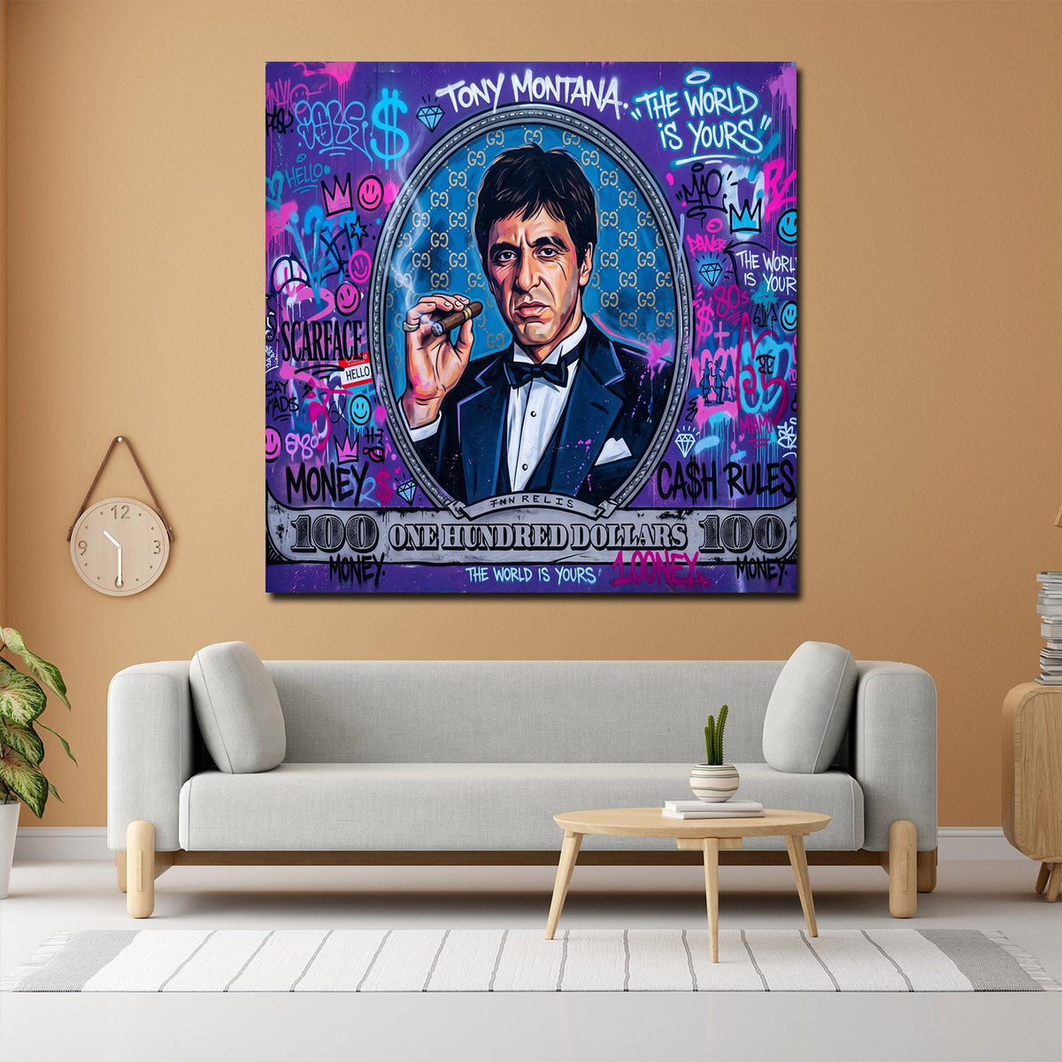 Scarface 100 Dollar Pop Art Wandbild im Wohnzimmer