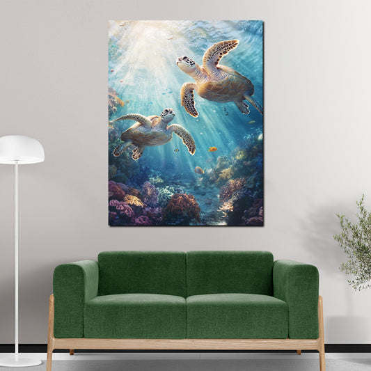 Schildkröten Unterwasser Sonnenstrahlen Korallenriff Wandbild