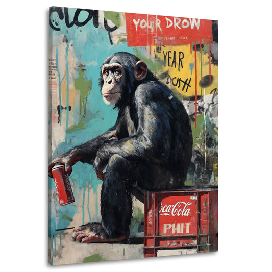 Schimpanse mit Cola als Graffiti Aquarell Wandbild