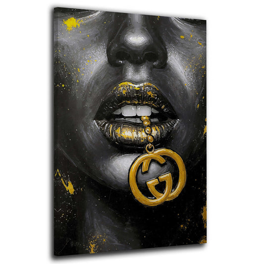 Schwarz Gold Lippen Luxus Schmuck Wandbild