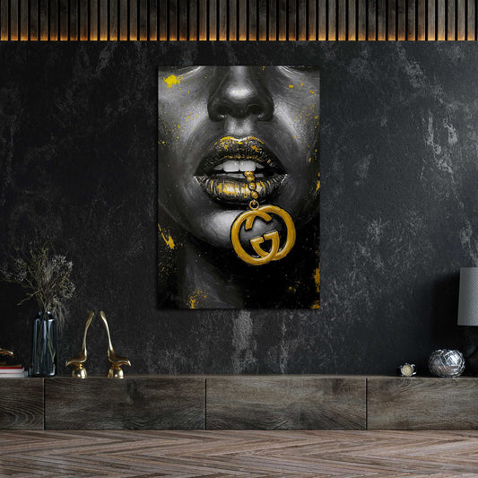 Schwarz Gold Lippen Luxus Schmuck Wandbild
