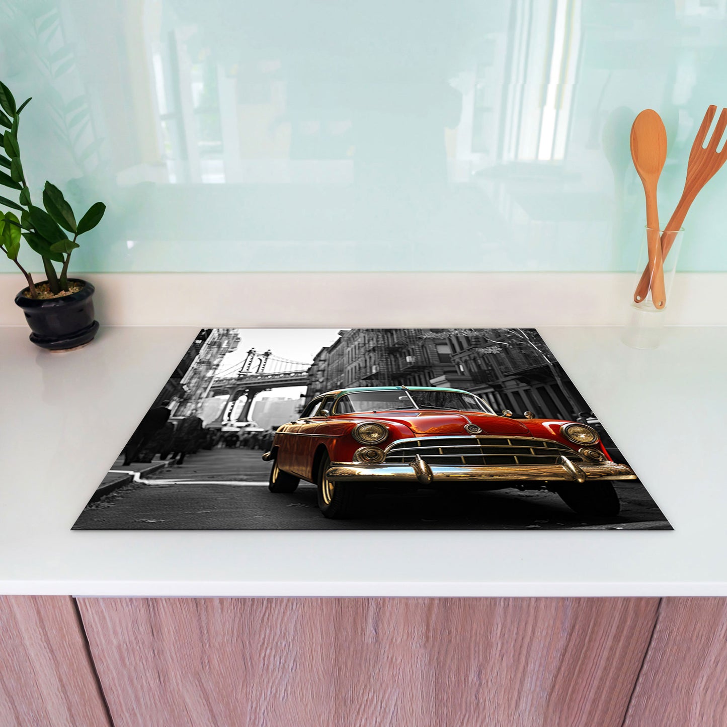 Schwarz weiß Oldtimer Herdabdeckplatte Induktionsschutz für Ceranfeld & Küche Deko