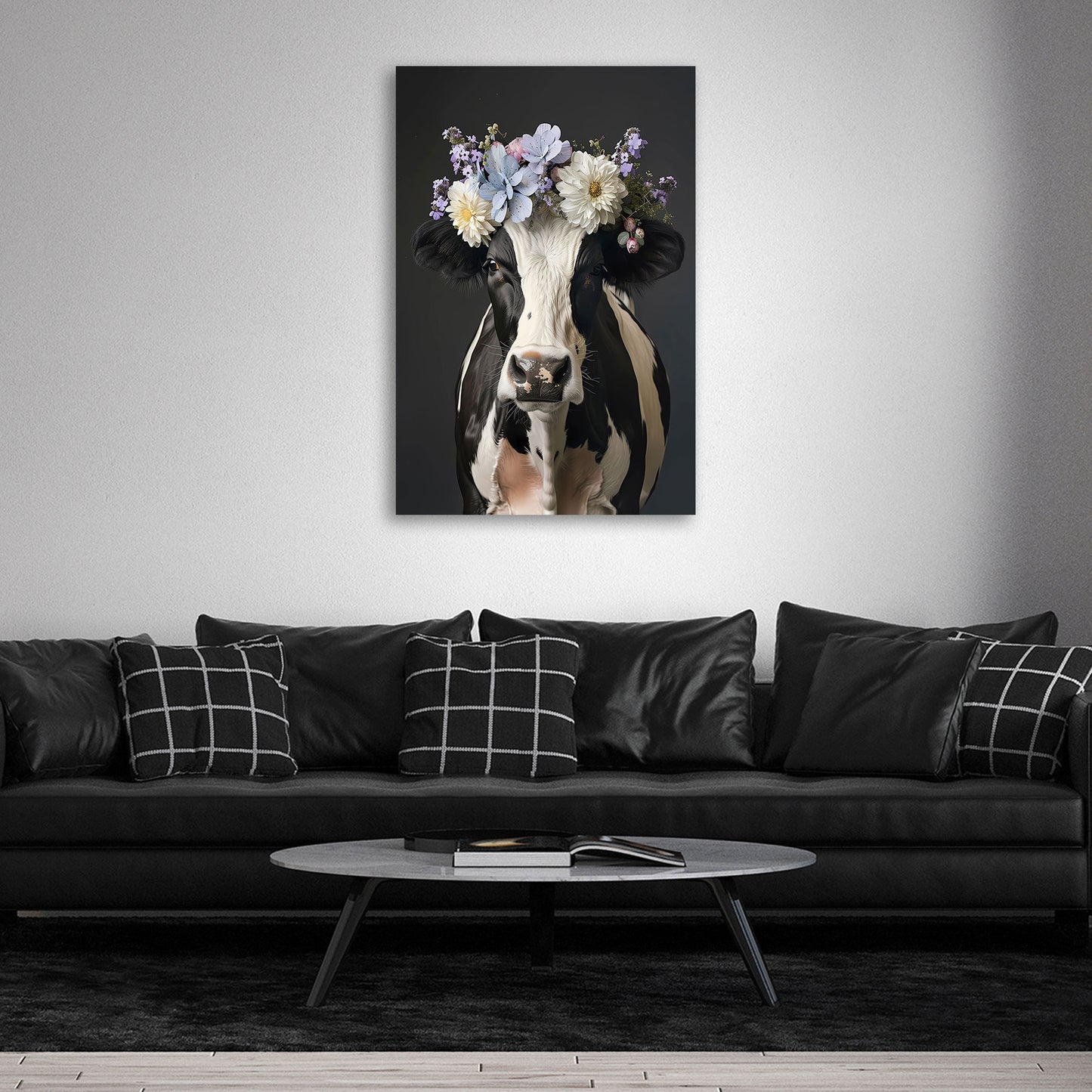 Schwarz weiße Kuh mit Blumenkranz fotorealistisch Wandbild