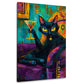 Schwarze Katze mit Cocktail auf lila Sofa Wandbild im Hochformat