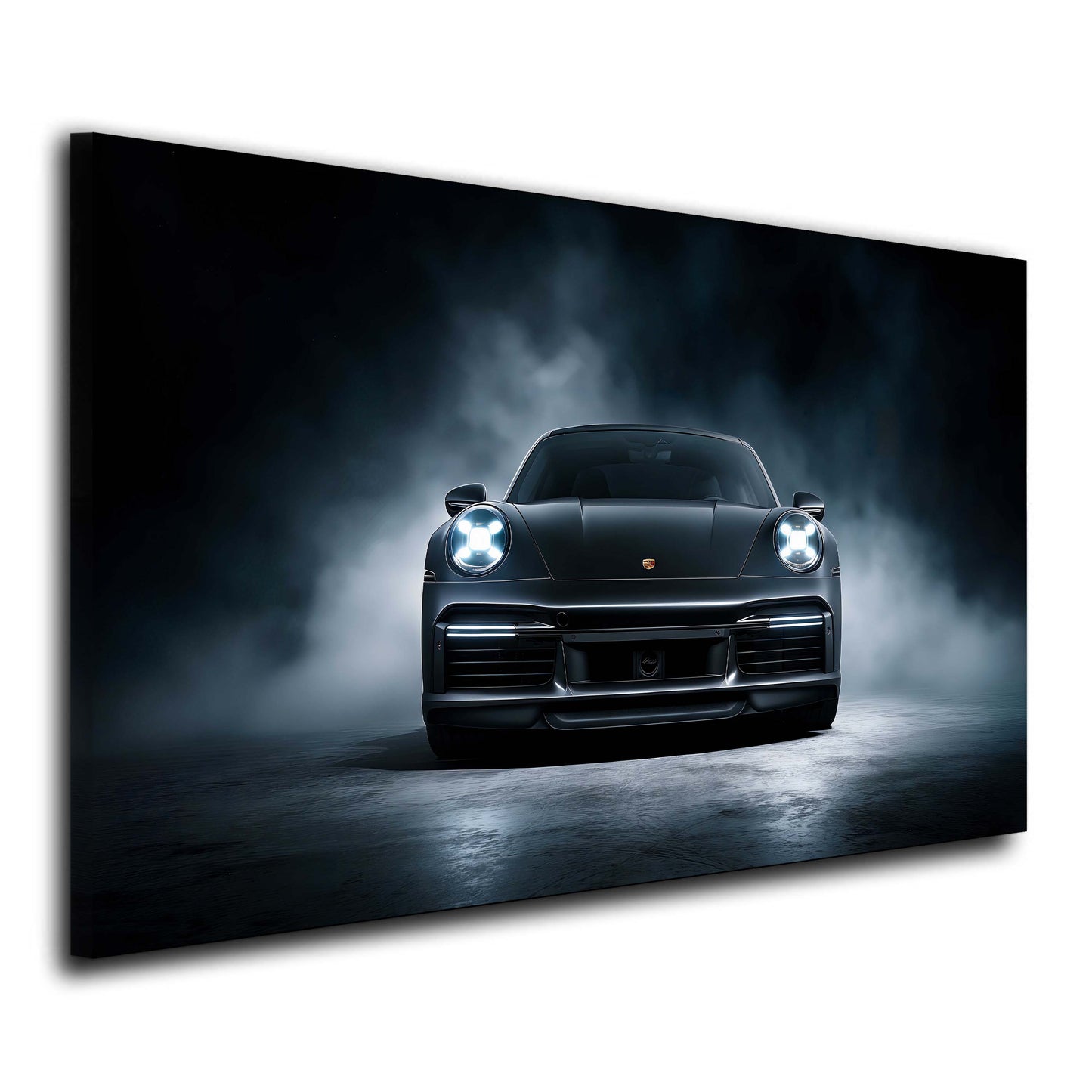 Schwarzer Porsche 911 frontal in dramatischem Rauch Wandbild