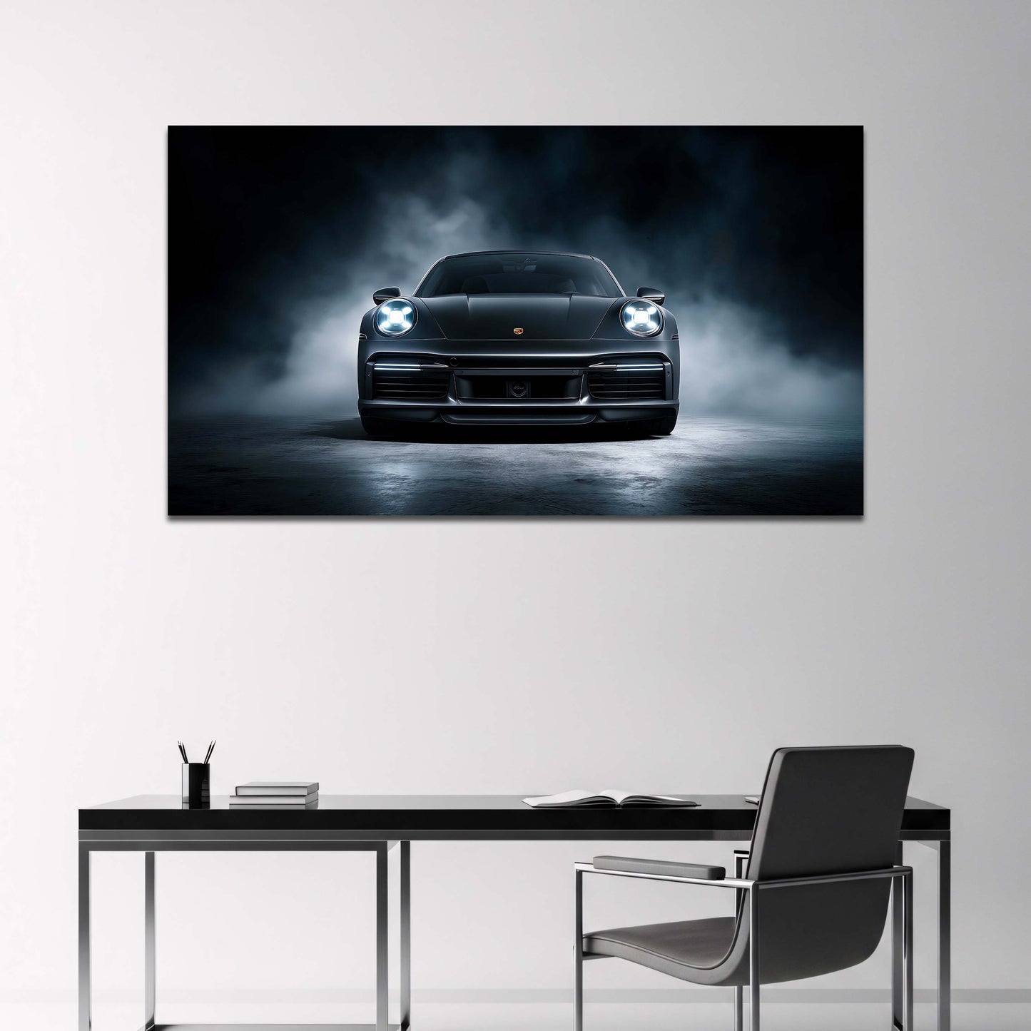 Schwarzer Porsche 911 frontal in dramatischem Rauch Wandbild