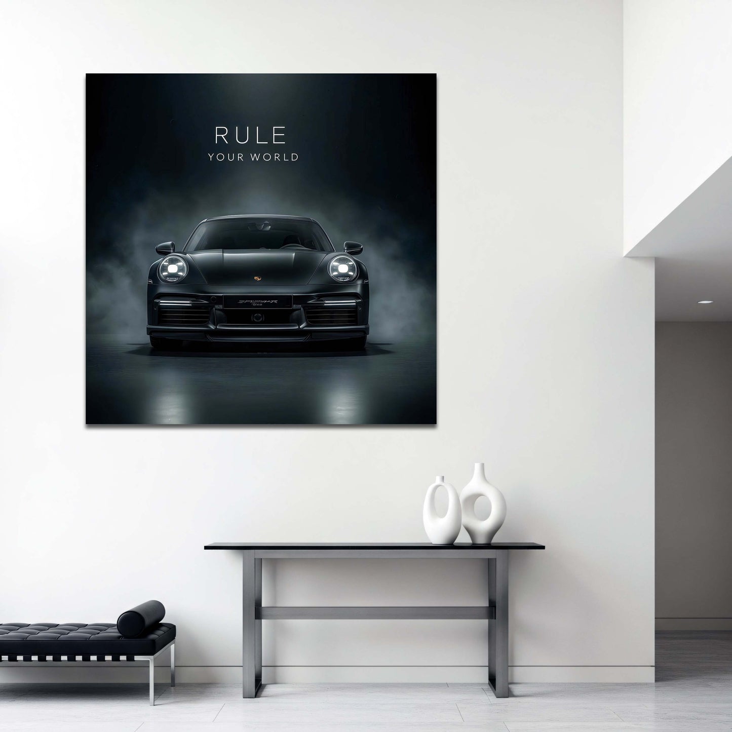 Schwarzer Porsche Rule Your World Motivations Wandbild