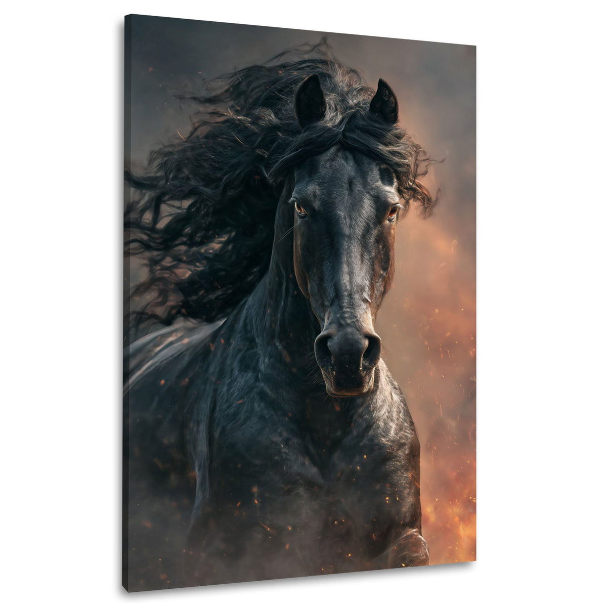 Schwarzes Pferd im Galopp Wandbild im Hochformat