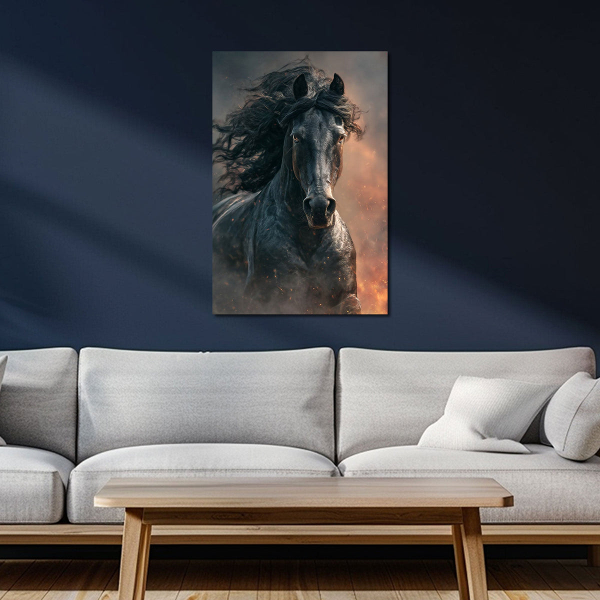 Pferde Wandbild über einem Sofa im Wohnraum