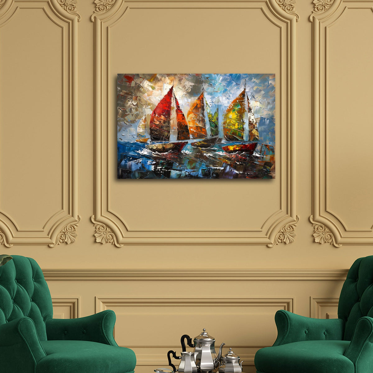 Maritimes Wandbild über einem Sofa im Wohnraum