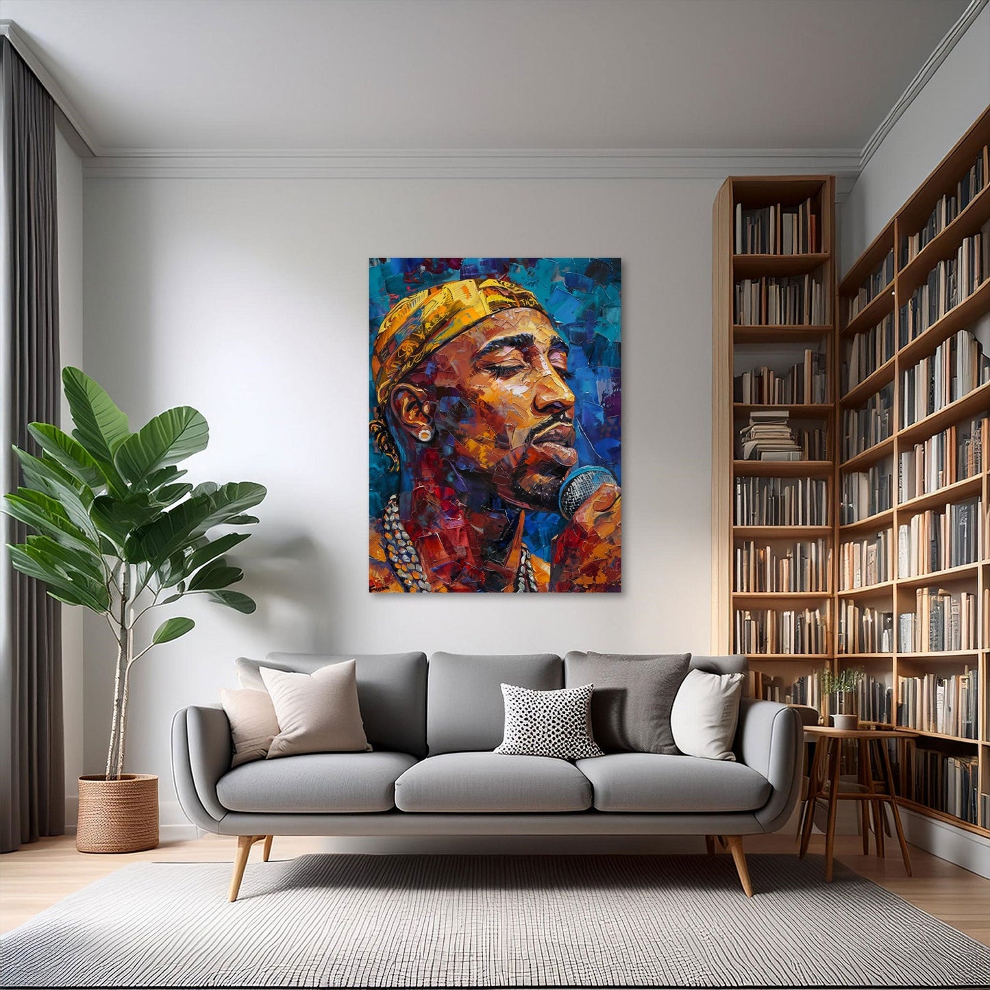 Singender Tupac mit Mikrofon Pop Art Wandbild Wohnbeispiel