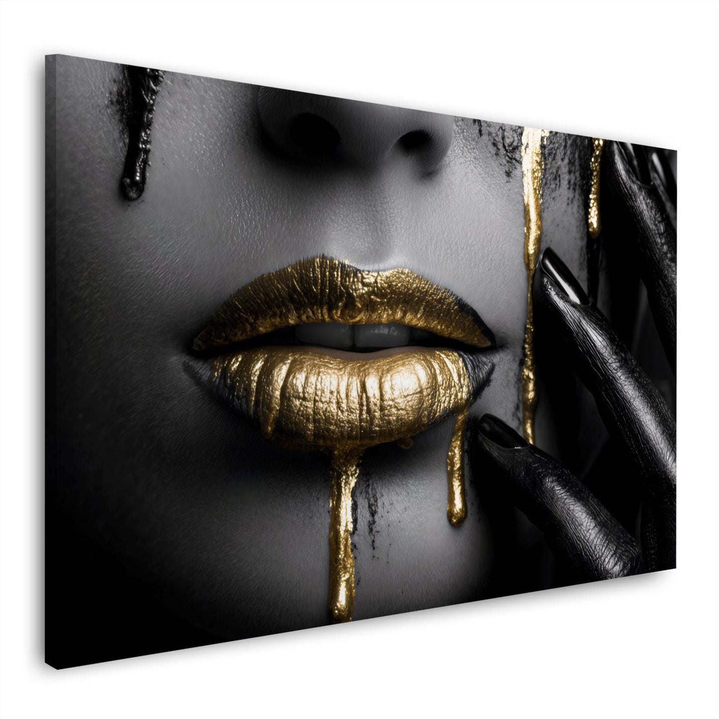 Sinnliche goldene Lippen einer Frau mit fließender Farbe Wandbild